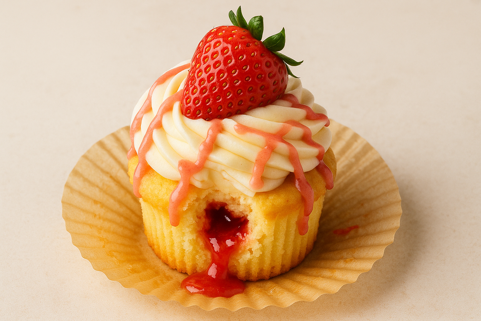 A yellow cupcake with vanilla frosting a strawberry and strawberry drizzle to top. The cupcake should have an open cupcake liner and the cupcake should be sittingnin the middle ilof the open cupcake liner with a bite out of it with strawberry filling oozing out of it